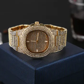 Prabangių Vyrų Žiūrėti Mados Deimantų Automatinė Data Kvarciniai Laikrodžių Vyrams Aukso, Nerūdijančio Plieno, Hip-Hop Vyrų Laikrodžiai Top Brand Prabangus laikrodis