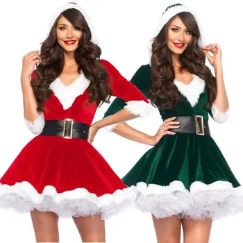 Praleisti Kalėdų Senelio Apranga Moterims Kalėdų Suknelės Suaugusiųjų Kostiumas Pusė Rankovės Modis Ponios Fancy Dress Kalėdos Žiemos Raudona Vestidos