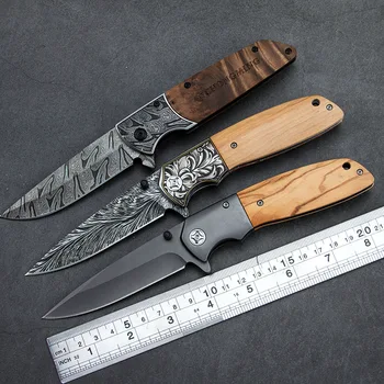 Prekės Damasko plieno letena peilį greitai sulankstomas peilis 440C Blade + medienos rankena kišenėje sulankstomas peilis kempingas medžioklės išgyvenimo EDC