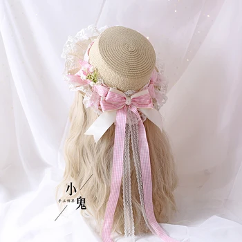 Princesė Lolita Pastorale Stiliaus prancūzijos Šviesą Nėrinių Lankas pledas Šiaudų skrybėlę Butas Bžūp Mori Mergina skėtį nuo saulės Ilgas Kaspinas, Rankų darbo Pynimas Skrybėlę