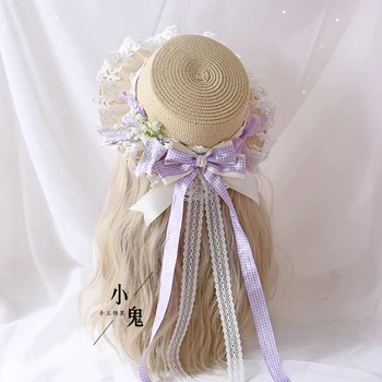 Princesė Lolita Pastorale Stiliaus prancūzijos Šviesą Nėrinių Lankas pledas Šiaudų skrybėlę Butas Bžūp Mori Mergina skėtį nuo saulės Ilgas Kaspinas, Rankų darbo Pynimas Skrybėlę