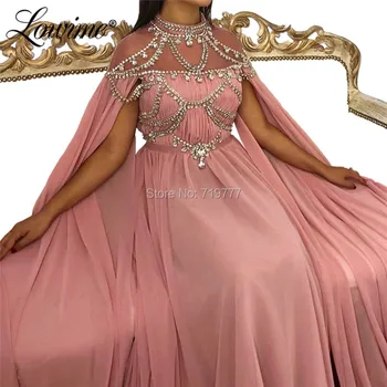 Puošnios Kristalai Musulmonų Vakaro Suknelės Rožinė Arabų Dubajus Turkijos Oficialų Šalis Suknelė 2019 Couture Kaftans Ilgai Prom Chalatai