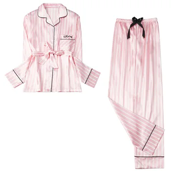 QWEEK Pyjam Satino Femme Nightie Ištaigingas Dėvėti Rožinė Dryžuota Pižama Pizamy Damskie Sleepwear Moteris Homewear Pijamas Mujer