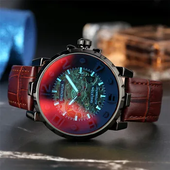 Raudona Atspindinčio Stiklo Automatinė Vyrų Laikrodžiai Natūralios Odos Mechaninis Laikrodis Mėlyna Skeletas Vyrai Žiūrėti Savęs Likvidavimo Laikrodis