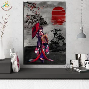 Raudona Japonų Kimono Mergina Modernios Sienos Menas Spausdinti Pop Art Plakatai ir Spausdina Pažymėkite Drobės Tapybos Sienos Nuotraukas, už Kambarį