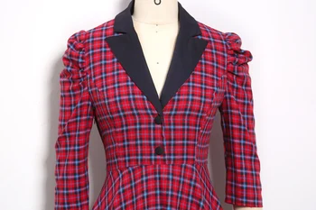 Raudona Škotijos Pledas 50s Retro Swing Vintage Suknelė 3/4 Rankovėmis Mygtuką Moterų Rudenį Elegantiškas Offfice Įpjovomis Medvilnės Suknelė Vestidos
