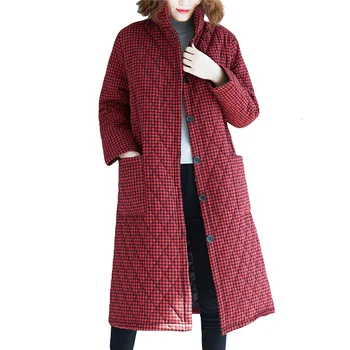 Raudonas Pledas Kinų Stiliaus Moteris, Žiemą Šilta, Ilga Striukė Derliaus Moterų Black Žiemos Paminkštintas Dygsniuotas Kailis Ponios Švarkelis Parko