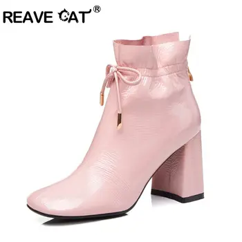 REAVE CAT batai Nėrinių Blokuoti Squre Vidurio Storas kulnas Aikštėje kojų Lakinės odos Didelis Dydis US10 Suknelė 