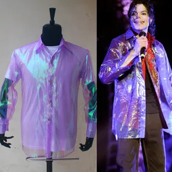 Retas PUNK Rock Atsitiktinis Klasikinis MJ vaivorykštės blyksnis raudonos organza mygtuką priekyje, Tai ji marškinėliai Michael Jackson Kostiumas