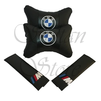 Rinkinys Automobiliui 2 Odiniai Auto Kaklo Pagalvės ir 2 Odiniai Auto Sėdynės saugos Diržo Dangtelis Komfortą Poilsio Kelionės Pagalvėlių BMW