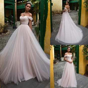 Rožinis Tiulis Vestuvių Suknelės su Rankovėmis 2021 Off Peties Brangioji Nėrinių Grindų Ilgis Vestuvės, Vestuvinės Suknelės Vestido de noiva