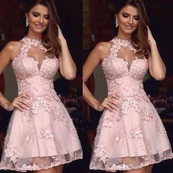 Rožinė Homecoming Suknelės-line Apynasrio Trumpą Mini Tiulio Appliques Nėrinių Kokteilių Suknelės