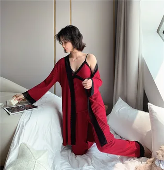 Rudenį, Žiemą 2019 Moterims Medvilnės Pižama Rinkiniai 3 Gabalus Nėrinių Pižamos Sleepwear Elegantiškas Nėriniai Naktiniai Drabužiai Pijama Homewear