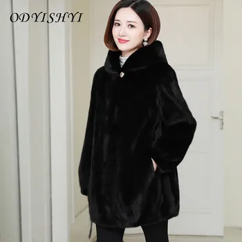 Rudenį, Žiemą Imitacija Mink Aksomo Paltas 2021 Naujas Moterų Storas Šiltas Outwear Gobtuvu Vidurio Ilgis Dirbtiniais Kailių Paltai, Moterų Parko D369