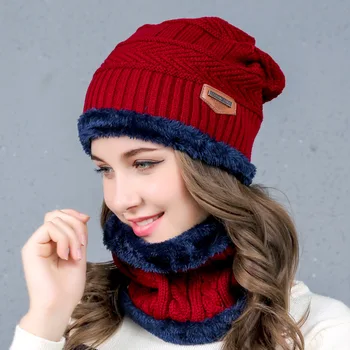 Rudenį, žiemą lady šiltas skrybėlę, šaliką kostiumas sutirštės su aksomo šiltą kepurę moteris Megzti vilnos dvigubo skrybėlę kaklo dviejų dalių kostiumas Vyrams