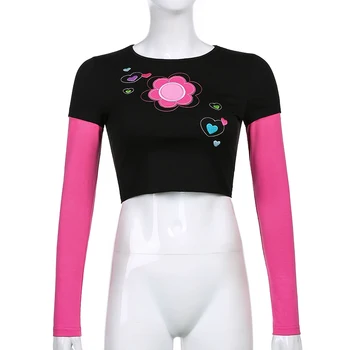 Rudos Spalvos Gėlių Širdies Siuvinėjimo Netikrą 2 Vnt Y2k Pasėlių Top Marškinėliai Moterims 2020 M O-Kaklo, Ilgomis Rankovėmis Atsitiktinis Black Marškinėliai, Streetwear