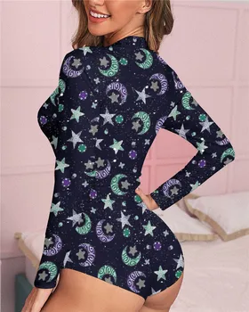 Ruožas Leotard Bodysuit Mygtuką Trumpas Romper Pajama Moterų Sleepwear Jumpsuit 2020 Seksualių Moterų V-kaklo Bodysuit ilgomis Rankovėmis Bodycon