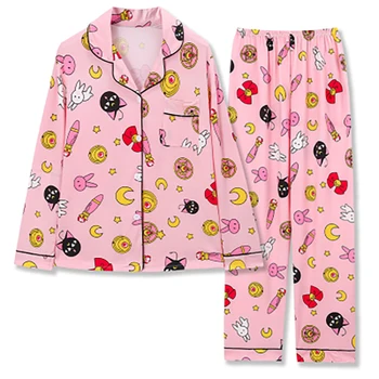 Sailor Moon Kawaii Pižama Moterims Medvilnės Turn-žemyn Apykaklės, trumpomis Rankovėmis, Pižamos Kostiumas Sleepwear Moterų Vasarą Cartoon Homewear