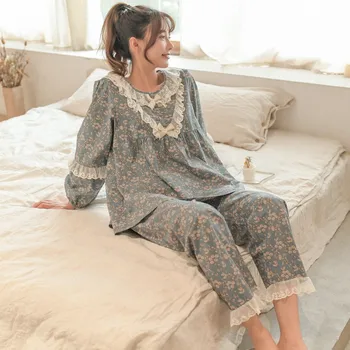 Saldus Medvilnės Moterų Gėlių Spausdinti Pižama Rinkiniai, Pavasarį, Rudenį ilgomis Rankovėmis Atsitiktinis naktiniai drabužiai Mergaitėms Sleepwear
