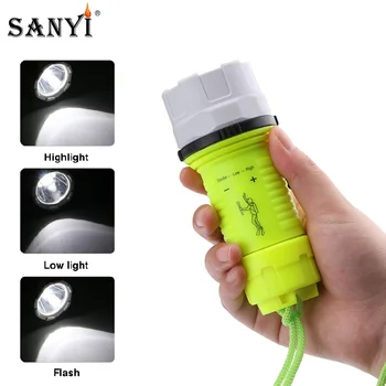 Sanyi LED Vandeniui Nardymas Povandeninis Žibintuvėlis Naras Flash Light Žibintuvėlis Su Uodega Virvę Maitinamas 3 x AA Baterijos
