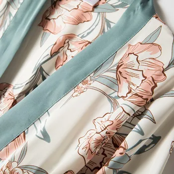 Satino 4PCS Miego Rinkinys Moterims Seksualus Nighty&Chalatas Kimono Kostiumas Chalatas Suknelė Naujas Intymus apatinis Trikotažas Spausdinti Gėlių Sleepwear Homewear