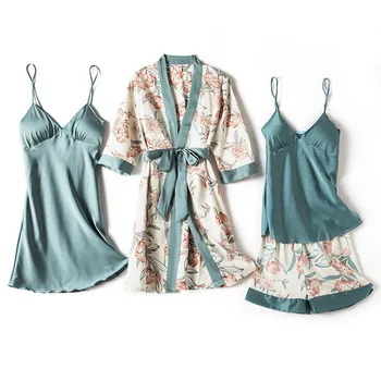 Satino 4PCS Miego Rinkinys Moterims Seksualus Nighty&Chalatas Kimono Kostiumas Chalatas Suknelė Naujas Intymus apatinis Trikotažas Spausdinti Gėlių Sleepwear Homewear