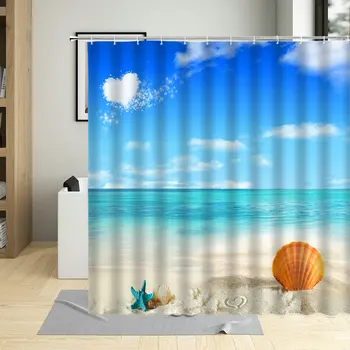 Saulėtas Paplūdimys Užuolaidos Jūros Peizažas Vonia Kokoso Medžio Spausdinti Vonios Kambarys Dekoro Pobūdis Modelis Dušo Užuolaidos Fotografijos Fone