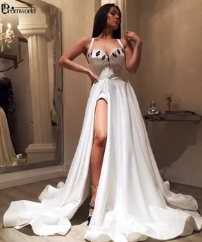 Seksualus Brangioji Satin White Vakaro Suknelės 2020-Line Aukštos Ritininės Spagečiai Dirželiai Dubajus Promenadzie Suknelė Ilgai Oficialų Šalis Suknelė