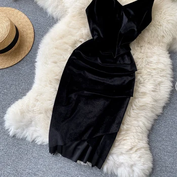 Seksualus Spageti Dirželis Suknelė Moterims Elegantiškas V-Kaklo, Rankovių Aukštos Juosmens Šalies Bodycon Suknelės Moterų Juodo Aksomo Vestidos Naujas