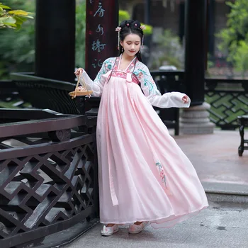 Senovės Kinų Suknelė Hanfu Moterų Suaugusiųjų Paviljonai Lotoso Tvenkinys, Siuvinėtos aplikacijos ant Krūtinės-ru Suknelę ir Paltą