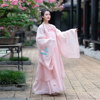 Senovės Kinų Suknelė Hanfu Moterų Suaugusiųjų Paviljonai Lotoso Tvenkinys, Siuvinėtos aplikacijos ant Krūtinės-ru Suknelę ir Paltą