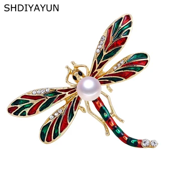 SHDIYAYUN 2019 Naujų Perlų Sagė Emalio Dragonfly Sagė Moterų Vintage Gold Sagės Smeigtukai Natūralių Gėlavandenių Perlų Papuošalai Dovana