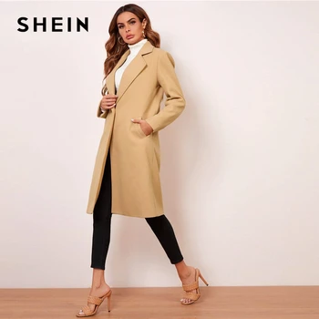 SHEIN Kupranugaris Atvartas Kaklo Kailis Kietas Moterų 2020 M. Rudens Žiemos Ilgos Rankovės Elegantiškas Minimalistinio Outwear Atsitiktinis Ilgi Paltai