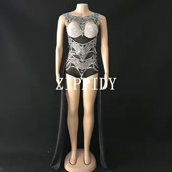 Sidabro perspektyvos blizgančiais vienas gabalas paillette bodysuit kostiumai seksualus moterų dainininkė, džiazo šokio scenoje parodyti dėvėti seksualus kostiumas