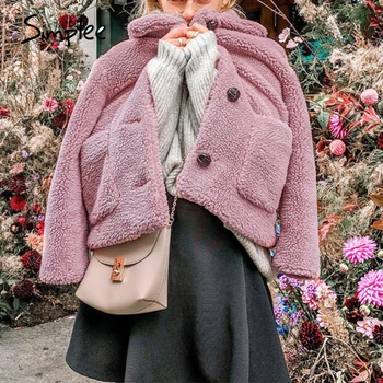 Simplee Elegantiškas moteris, rožinės spalvos dirbtiniais kailių paltai Rudens žiemos minkšta moteriška striukė chalatą ilgomis rankovėmis atsitiktinis storio outwear ponios kailis