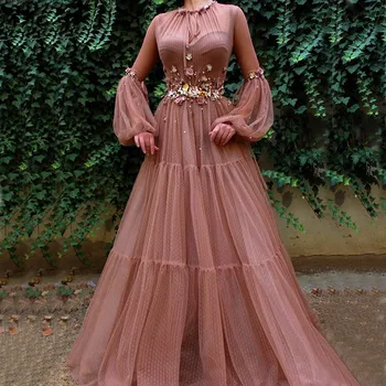 Skaistalai Musulmonų Vakaro Suknelės-Line Ilgomis Rankovėmis Gėlės Tiulio Islamo Dubajus Kaftan Saudo Arabų Elegantiškas Ilgas Vakaras Chalatai