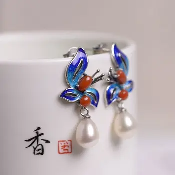 SNew Sidabro Inkrustacijos Gamtos Hotan Jade Vintage Stiliaus Kinijos Sudegė Mėlynas Drugelis Žiedlapis Pietų Raudonas Agatas Ausies Moterų Papuošalai