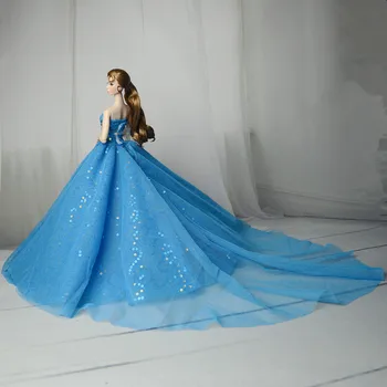 Spalvingas Bling Blue Lace Gown Dress / Long Gale Sequn Vestuves Apranga, Drabužiai 1/6 Barbie Xinyi Kurhn FR Lėlės