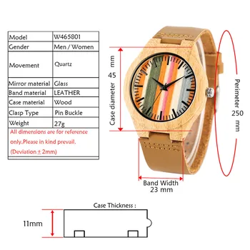 Spalvos Juostelės Dial Bambuko Medienos Vyrų Laikrodžiai Rudos natūralios Odos Kvarco Mens Atsitiktinis Riešo Žiūrėti Naujas Mados Vyrų Laikrodis reloj