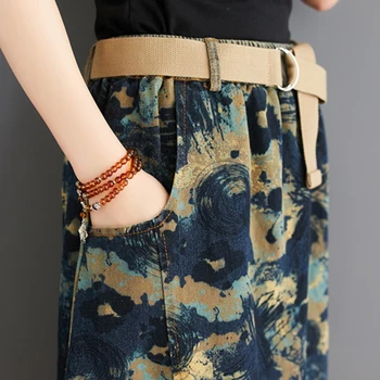 Spausdinti Etninės Moterų Jean Ilgas Sijonas Su Diržu 2020 Metų Vasaros Streetwear Elastinga Juosmens Vintage-Line Džinsinio Sijonai Feminina