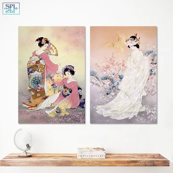 SPLSPL Neįrėminti Japonija Stiliaus Nuotraukų Dekoravimo Slyvų Gėlė Rausva Kimono Lady Drobė Spausdinti Sienos Meno Tapybos už Kambarį