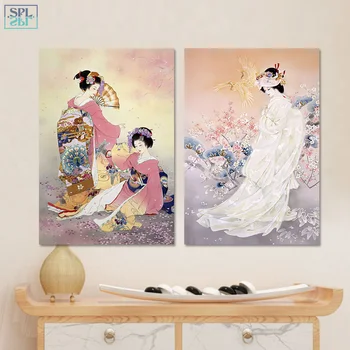 SPLSPL Neįrėminti Japonija Stiliaus Nuotraukų Dekoravimo Slyvų Gėlė Rausva Kimono Lady Drobė Spausdinti Sienos Meno Tapybos už Kambarį