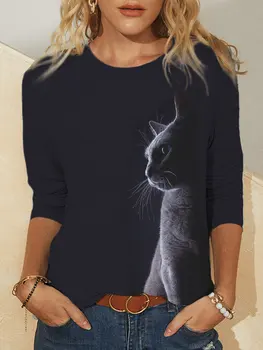 Sprogstamųjų Cute Kačių, 3D Spausdinimas Atsitiktinis Laisvi moteriški Marškinėliai Pavasarį, Rudenį Naujų Ilgas Rankovėmis Didelio Dydžio Moteriški O Kaklo Ponios Tee
