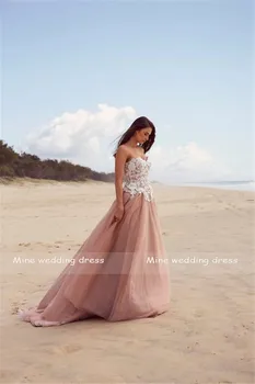 Stebėjimo Dramblio kaulo Nėrinių Aplikacijos Pink-line Paplūdimys Vestuvių Suknelė Figūrą Romantika Tiulio Nuotakos Suknelė Chalatas De Mariage