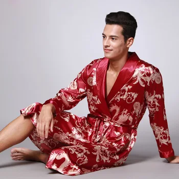 Stilingi vyriški Chalatas Šilko Kimono ilgomis Rankovėmis Chalatas, Kinijos Laimingas Drakonas Spausdinti Pižama Vyrams Suknelė Chalatas Vyrams Homewear