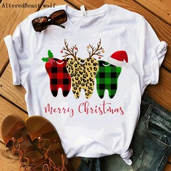 Stomatologas Leopard kalėdų t-shirt moterims, dantų būrys print t shirt juokingas kalėdų baltoji Moteris Moteris marškinėlius 2020 drabužiai