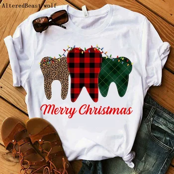 Stomatologas Leopard kalėdų t-shirt moterims, dantų būrys print t shirt juokingas kalėdų baltoji Moteris Moteris marškinėlius 2020 drabužiai