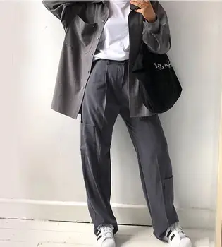 Streetwear Didelis Juosmens Kostiumas Kelnės Moterims 2020 Korėjos Tiesiai Laisvas Kelnes Harajuku Kelnių Kišenės Femme Capris Apačioje
