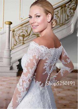 Subtili Tiulio Off-the-pečių Iškirpte-line Vestuvių Suknelė ilgomis Rankovėmis Kristalai Vaiskiai Balta Brazilija Nuotakos Suknelė