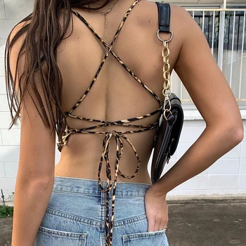 SUCHCUTE Strappy užrišti Backless viršūnes moterų Backless Seksualus Leopard moterų marškinėliai streetwear gotikos tee šalies komplektai